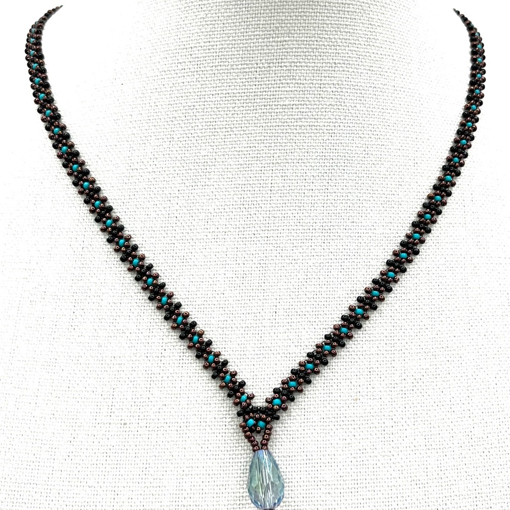 Hand Crafted Beaded Necklace with Aqua Pendant - Picture 7 of 11